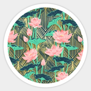 Art Deco Lotus Flowers in Peach & Emerald Sticker